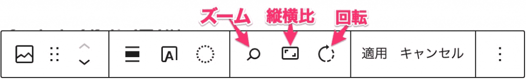 虫眼鏡アイコン=ズーム　長方形アイコン=縦横比　左回りの丸い矢印=回転