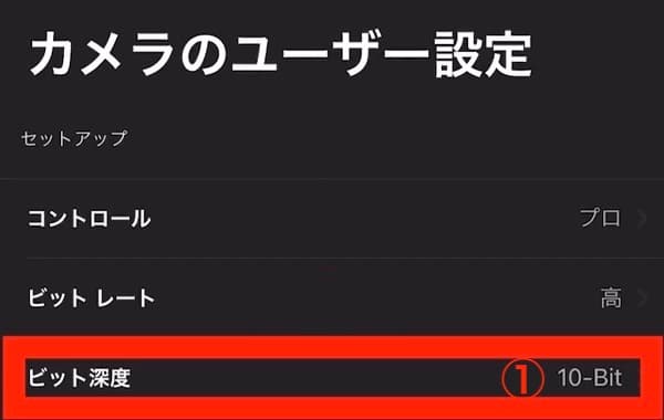 カメラのユーザー設定 ビット深度