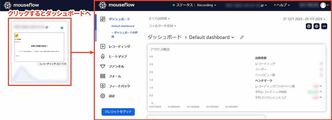 Mouseflow サイト管理一覧からダッシュボードへ