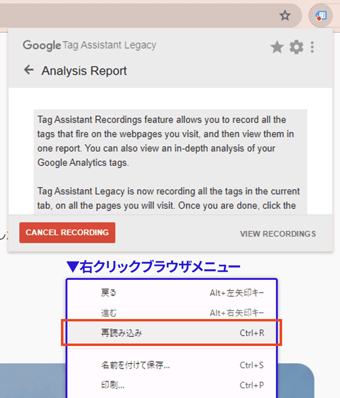 Tag Assistant Legacy Record開始 ページ再読み込み