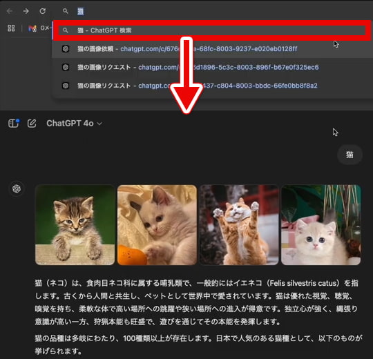 ChatGPT Searhをインストール後にChromeで「猫」と検索