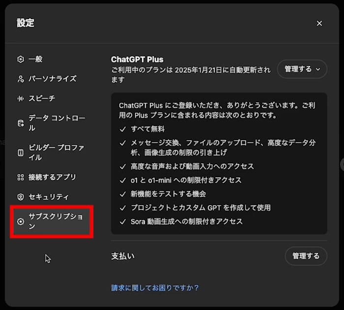 ChatGPT 設定 サブスクリプション