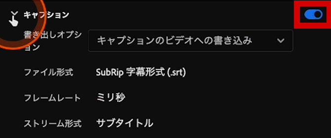 Premiere Pro 書き出し設定 キャプションをON