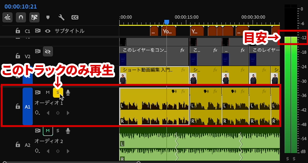 ナレーションの音量が適切かソロトラックでチェック