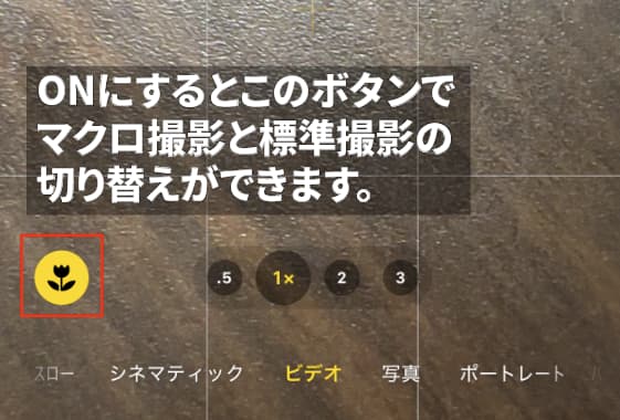 カメラ設定「写真撮影　マクロ撮影コントロール」切り替えボタン（チューリップボタン）