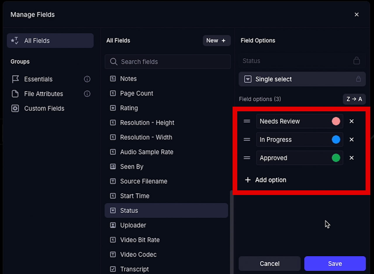 Frame.io Status Field Options ステータスの変更画面