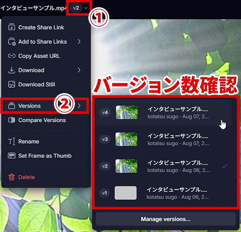 Frame.io バージョン数(修正回数)確認