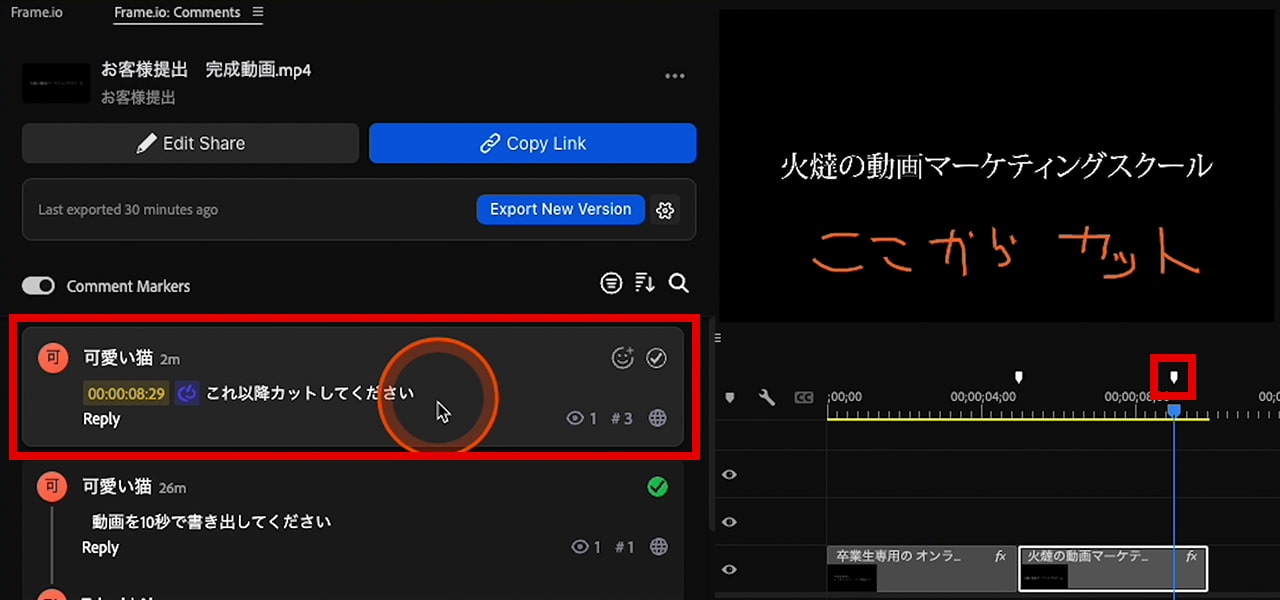 Premiere Pro Frame.io Comments 時間指定があるコメントはタイムラインパネルにマーカーがつく