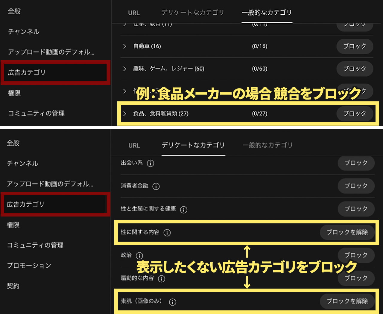 チャンネル設定 広告カテゴリ 一般的なカテゴリで競合カテゴリをブロック/デリケートなカテゴリで性に関する内容と素肌をブロック
