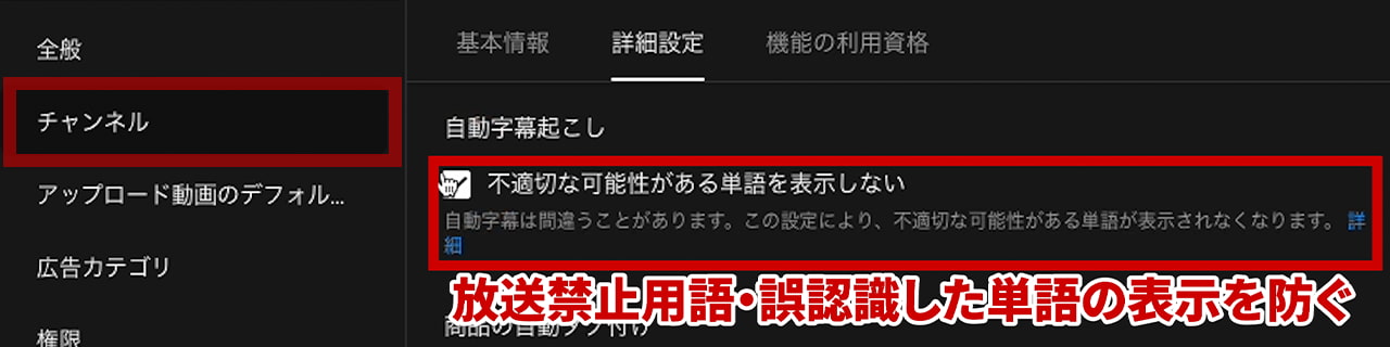 チャンネル設定 チャンネル 詳細設定 自動字幕起こし