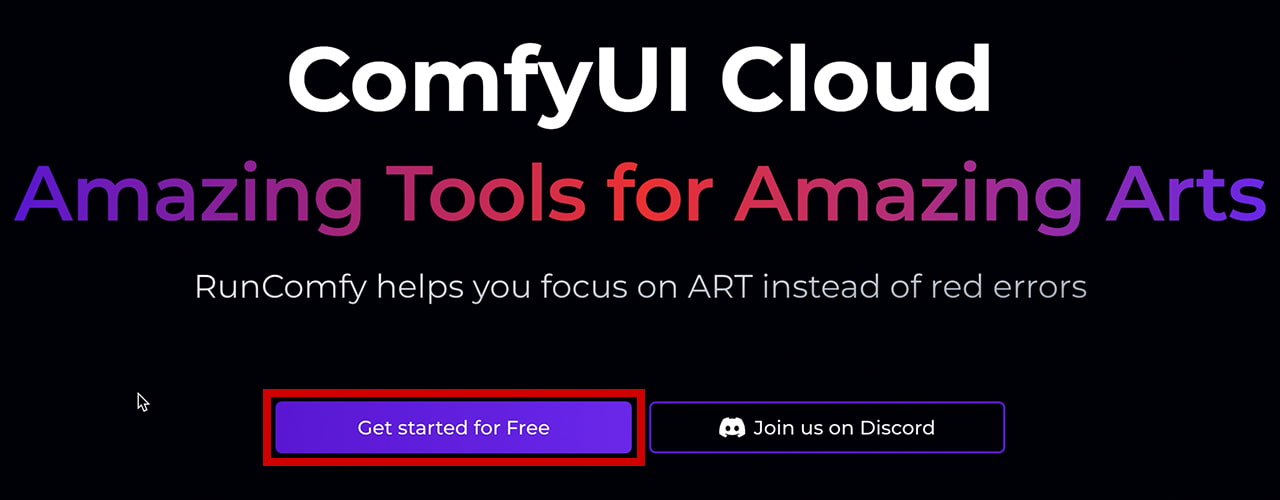 RunComfyUI トップページ Get started for Free ボタン