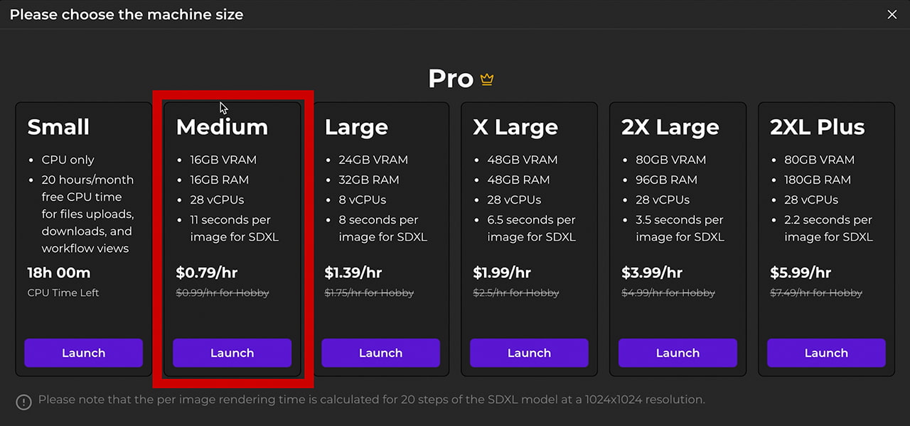 Please choose the machine size, Medium, Launch
