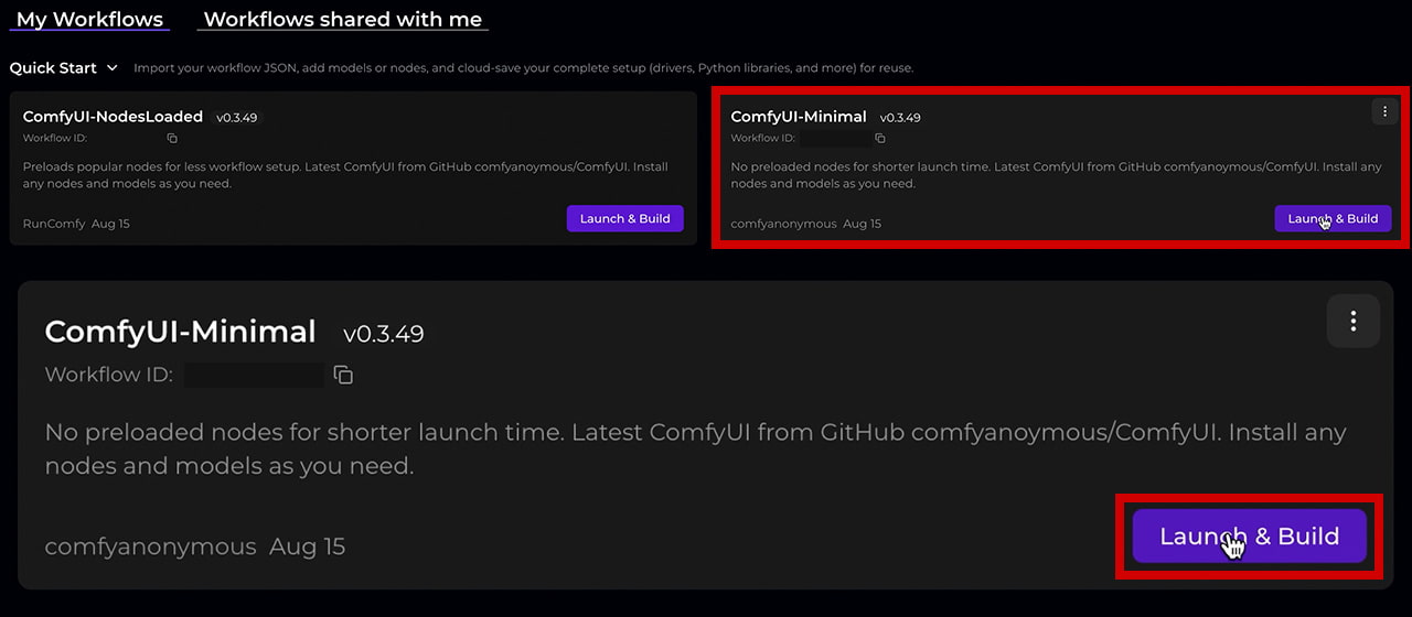 ComfyUI-Minimalの「Launch & Build」をクリック
