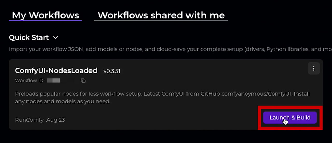 ComfyUI-NodesLoadedの「Launch & Build」をクリック