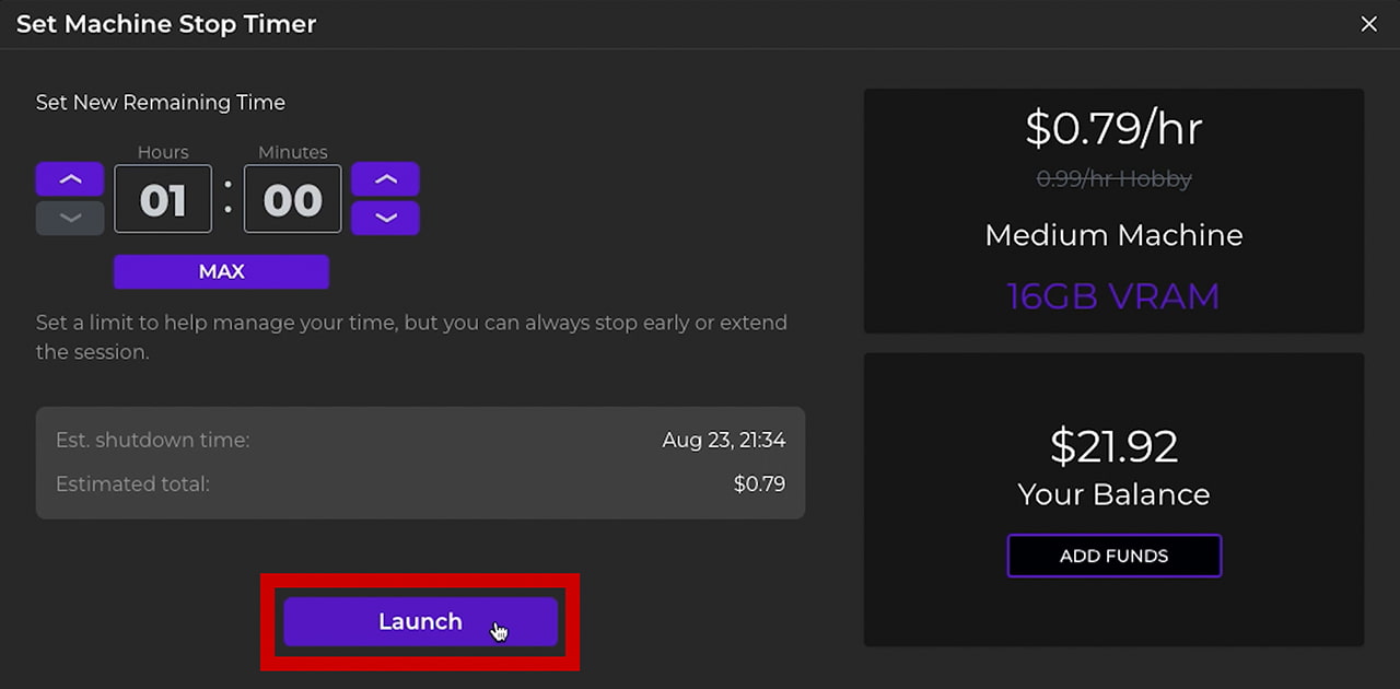 Set Machine Stop Timer 利用時間を1時間に設定してLaunch