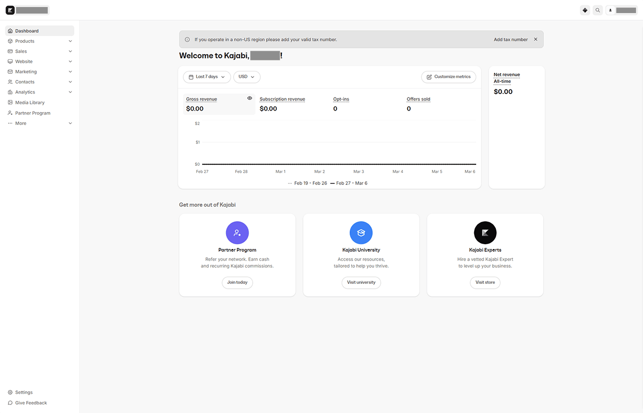Kajabi 管理画面 ダッシュボード