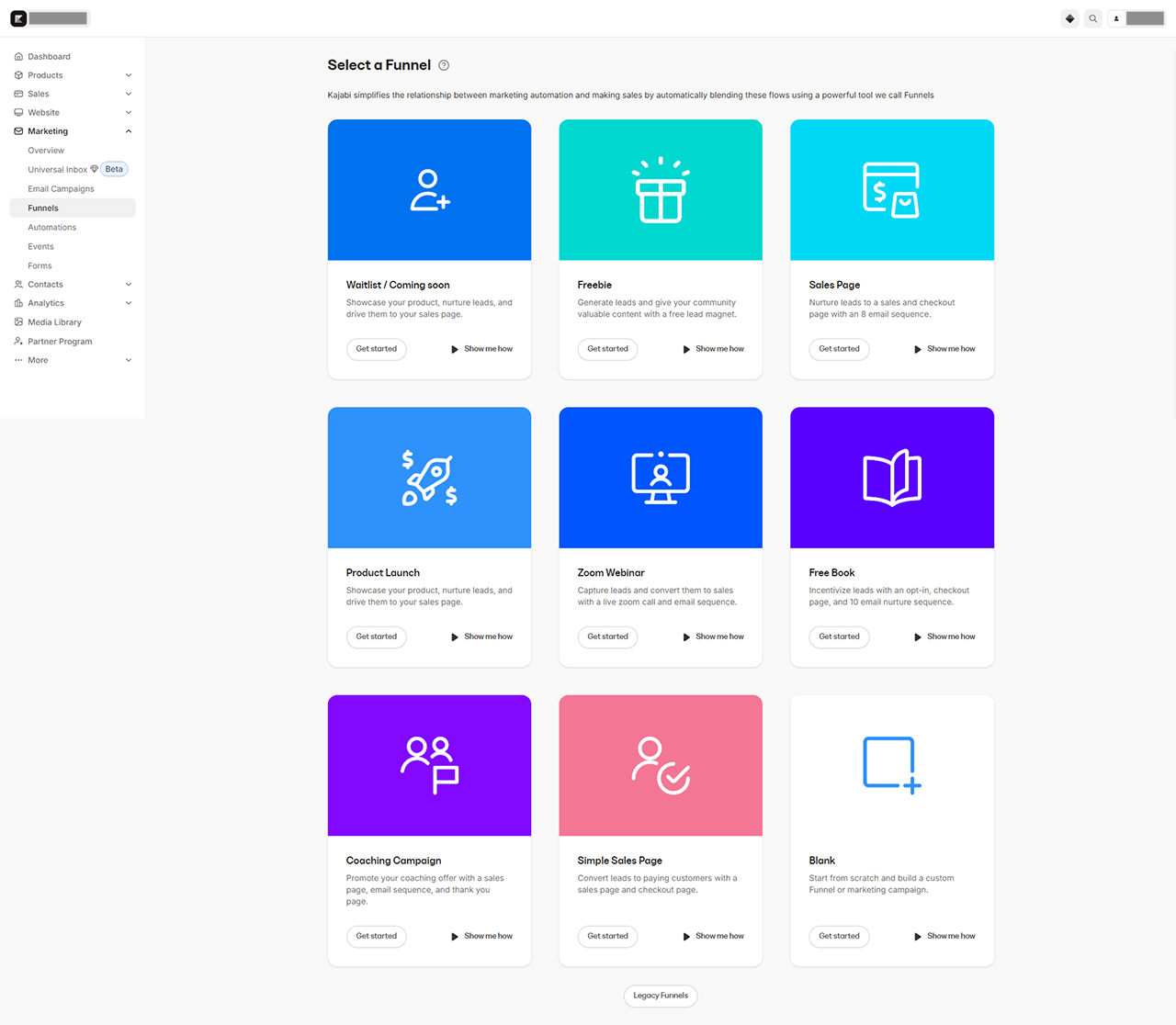 Kajabi ファネル選択画面