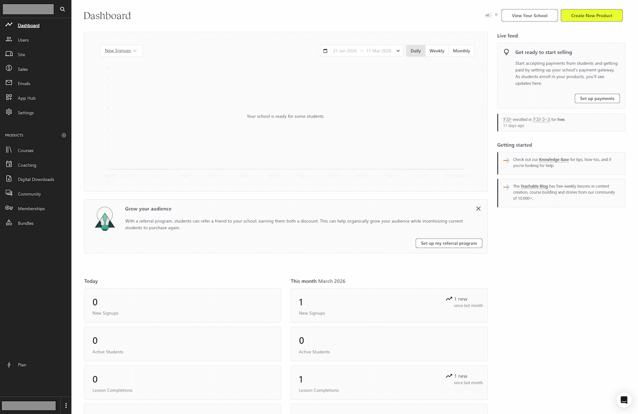 Teachable 管理画面 ダッシュボード