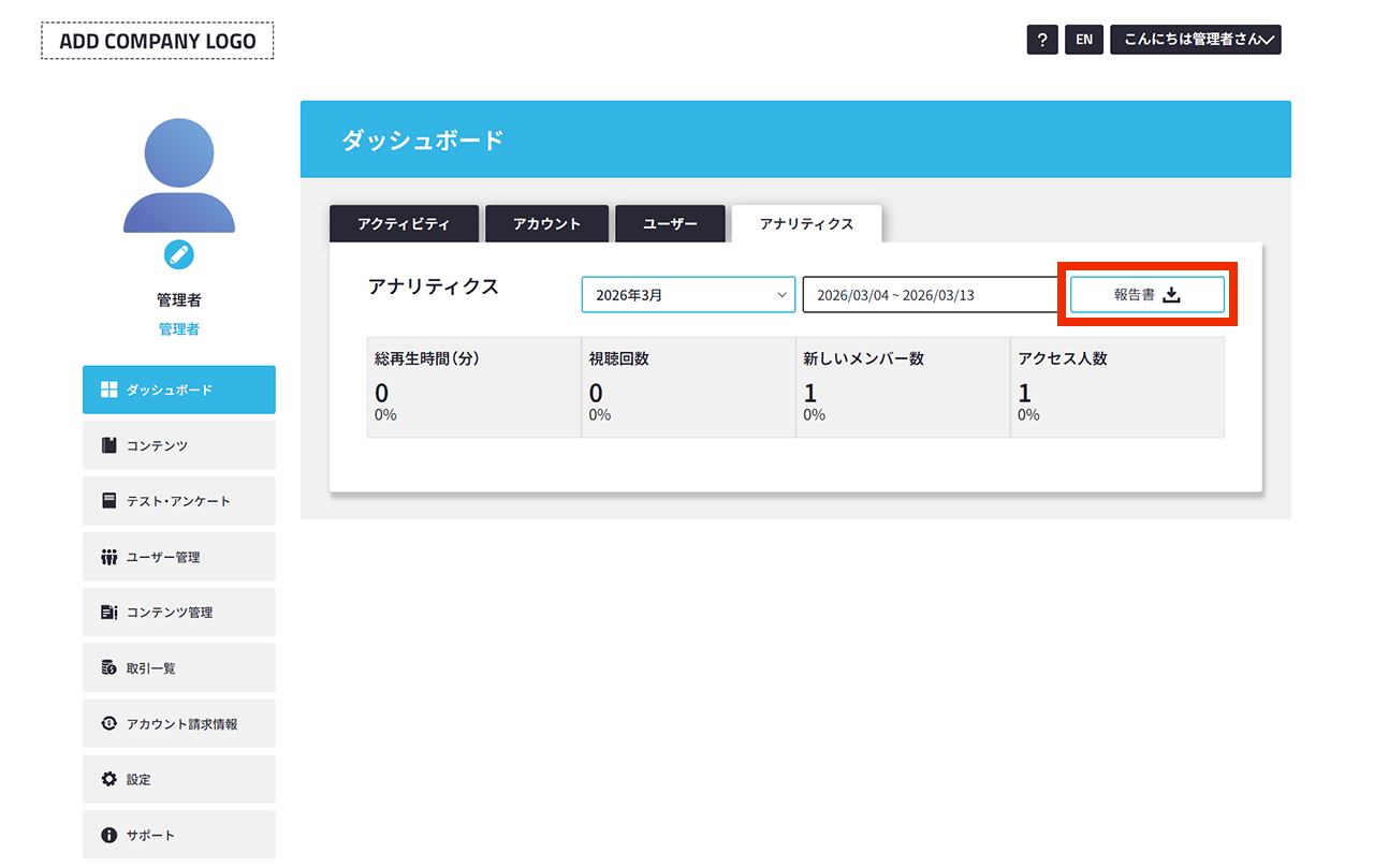 UIshare ダッシュボード &rarr; アナリティクス「報告書」ボタン